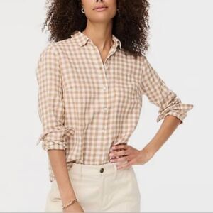 J. CREW Gingham Checked Camel White Long Sleeves Size X-Small